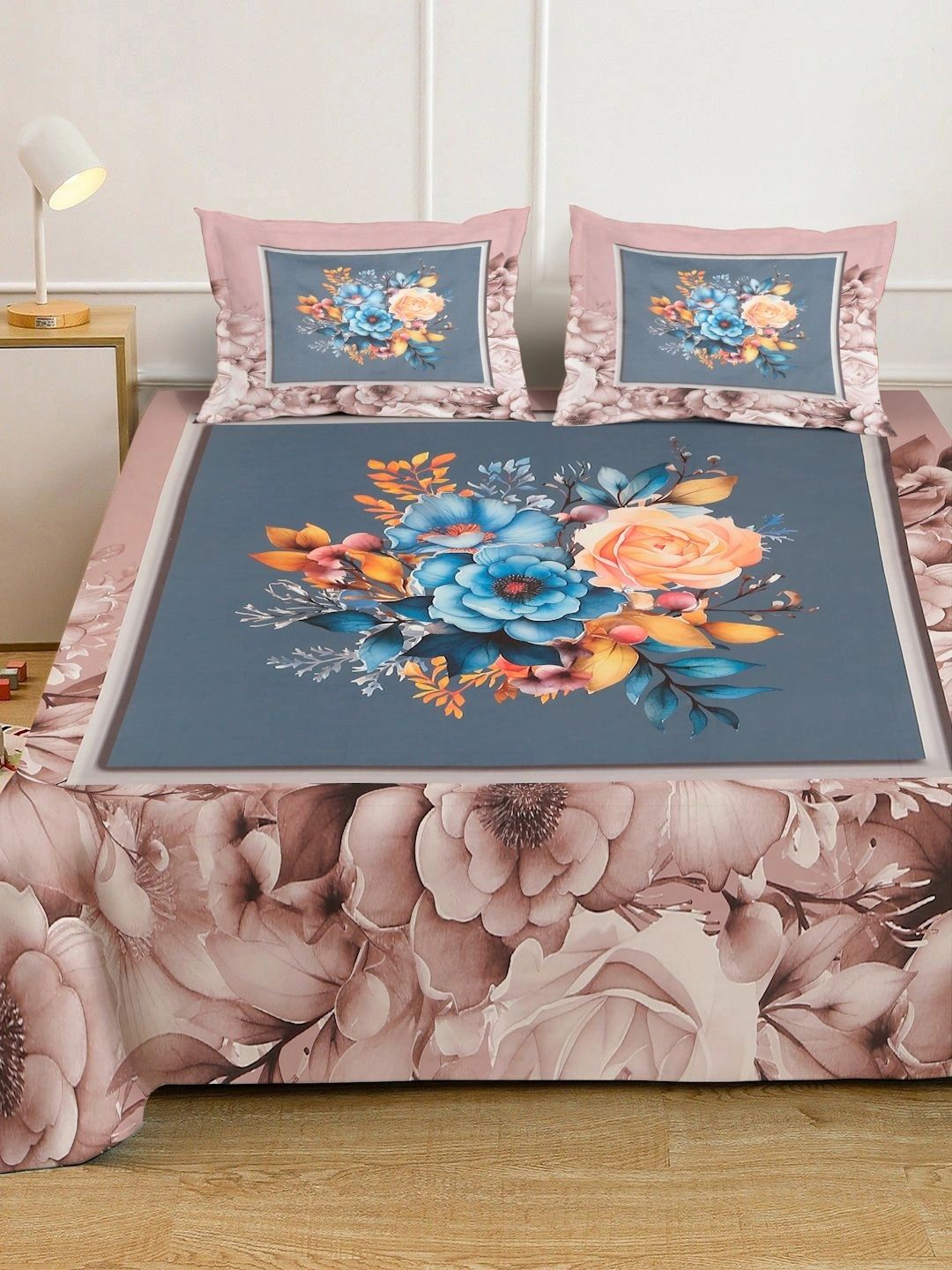 Moda Rapido X KLOTTHE Brown & Pink Floral 400 TC King Bedsheet with 2 Pillow Covers