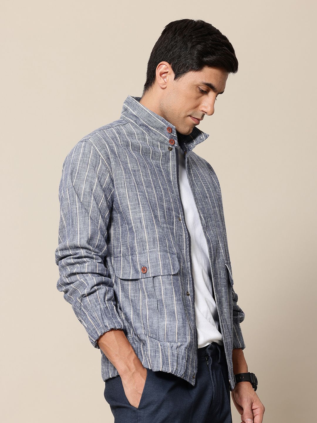 Mr Bowerbird Stand Collar Striped Bomber Jacket