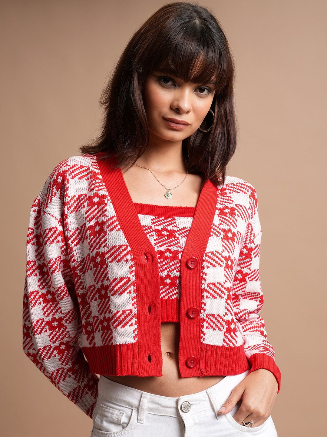 Tokyo Talkies Checked Crop Top with Cardigan