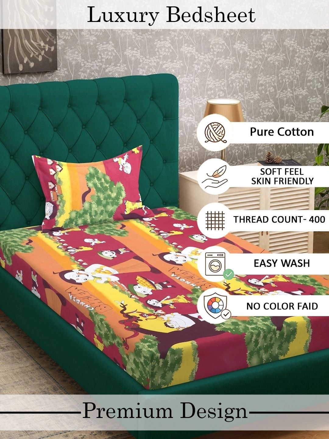 Watak Kartun Myntra Elegant Homes 400 TC Cadar Katil Bujang dengan 1 Sarung Bantal