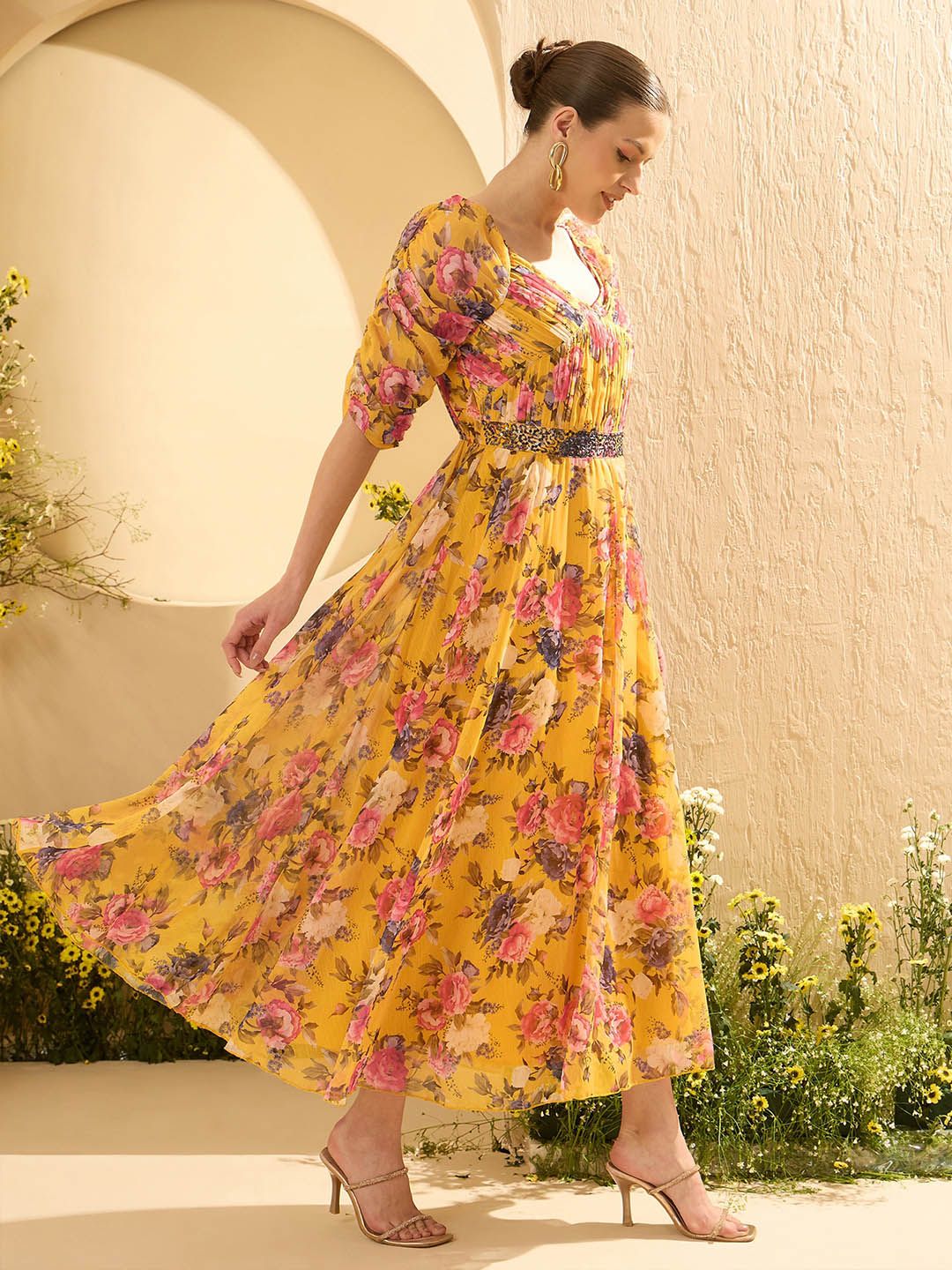 Antheaa Embellished Floral Print Chiffon Maxi Dress