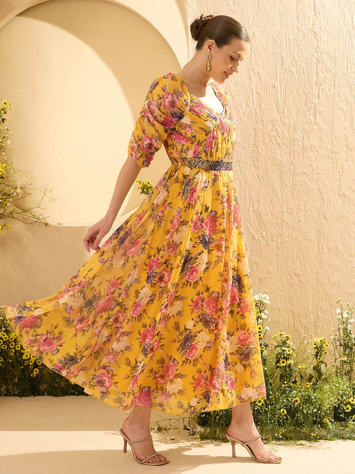Antheaa Embellished Floral Print Chiffon Maxi Dress