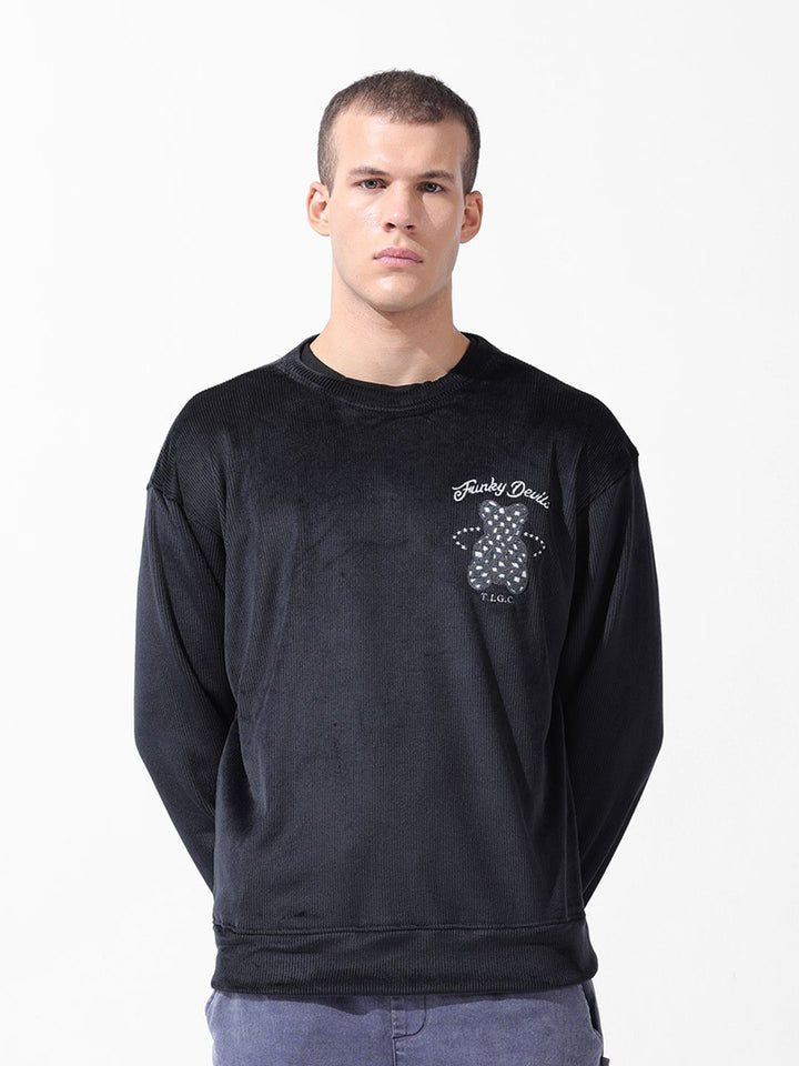 The Indian Garage Co Men Oversized Self Design Corduroy Crew Neck Sweatshirt