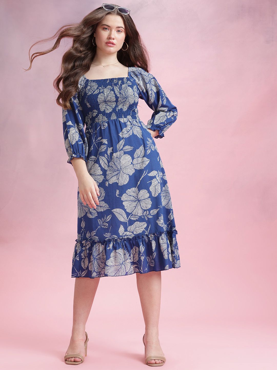 DressBerry Floral Print Gathered Detail Smocked Effect Cotton-Linen Midi A-Line Dress