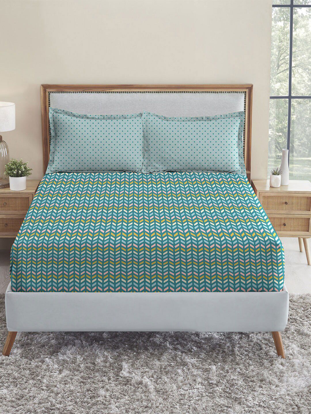 TRIDENT Party Mood Teal Urban Comfort Flat 144TC Queen Cotton Bedsheet Set