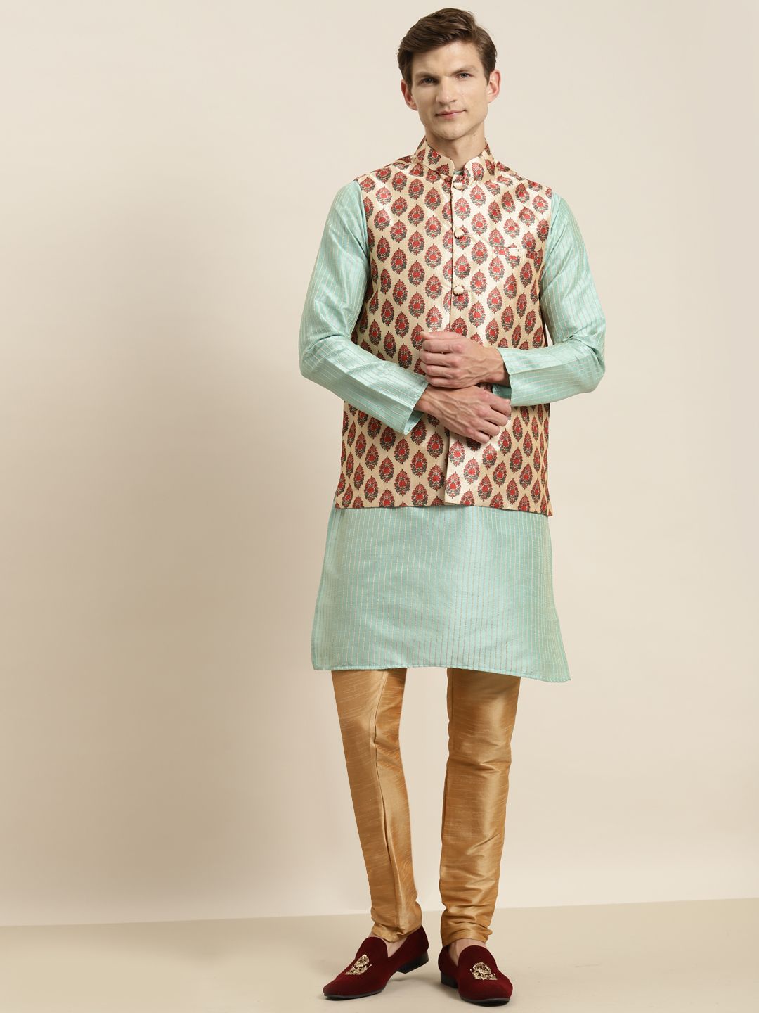 SOJANYA Kurta Hijau Laut Lelaki dengan Jaket Churidar & Nehru