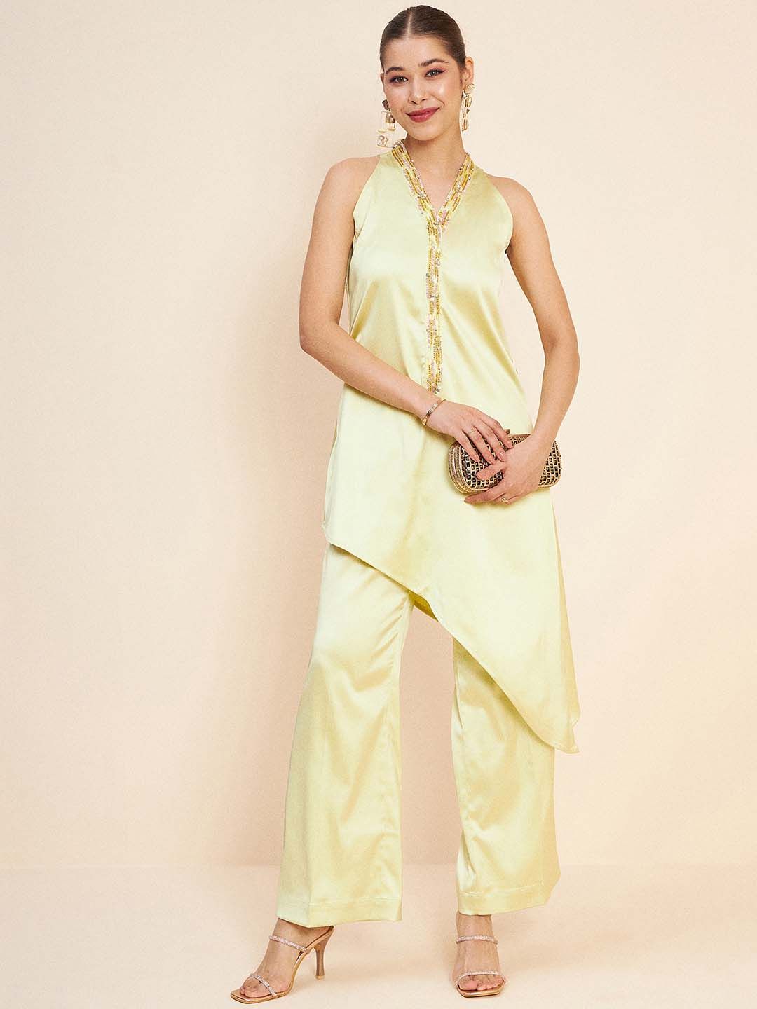 Antheaa Beads & Stones Asymmetrical Fusion Top With Palazzos