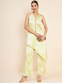 Antheaa Beads & Stones Asymmetrical Fusion Top With Palazzos