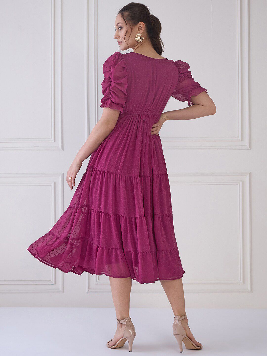 Antheaa Embroidered Round Neck Puff Sleeve Fit & Flare Midi Dress