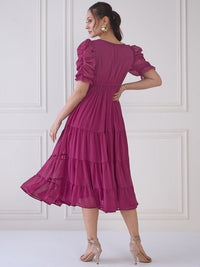 Antheaa Embroidered Round Neck Puff Sleeve Fit & Flare Midi Dress
