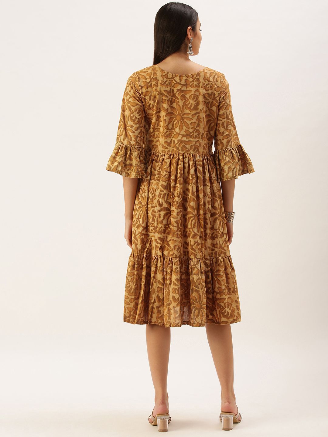 KALINI Floral Printed Bell Sleeves Cotton Fit and Flare Dress