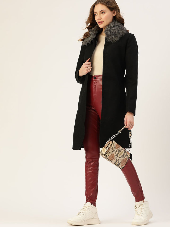 DressBerry Women Black Solid Faux Fur Collared Longline Overcoat