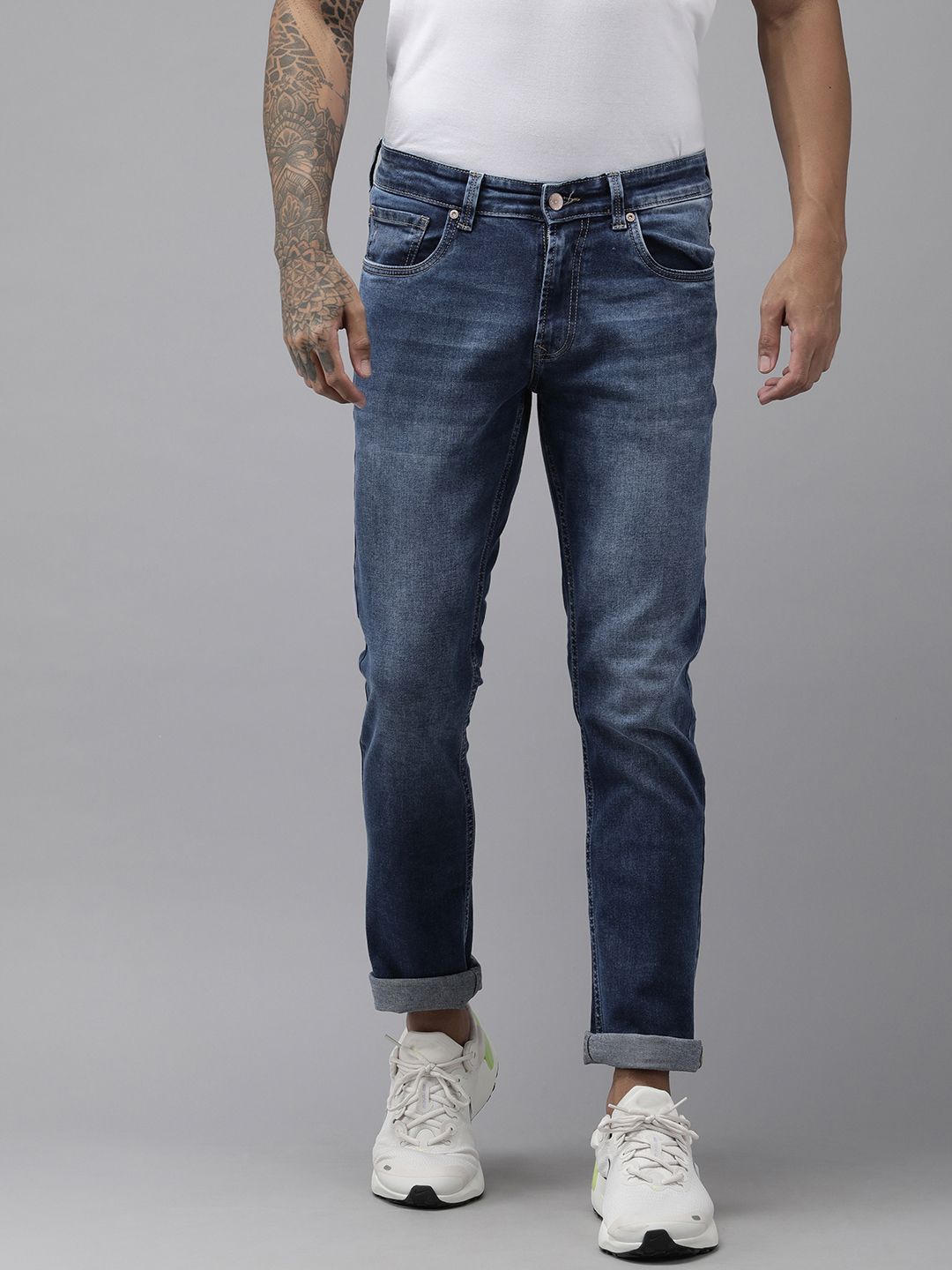 Spykar Men Blue Rovers Reguler Fit Mid-Rise Narrow Leg Heavy Fade Jeans Regingable
