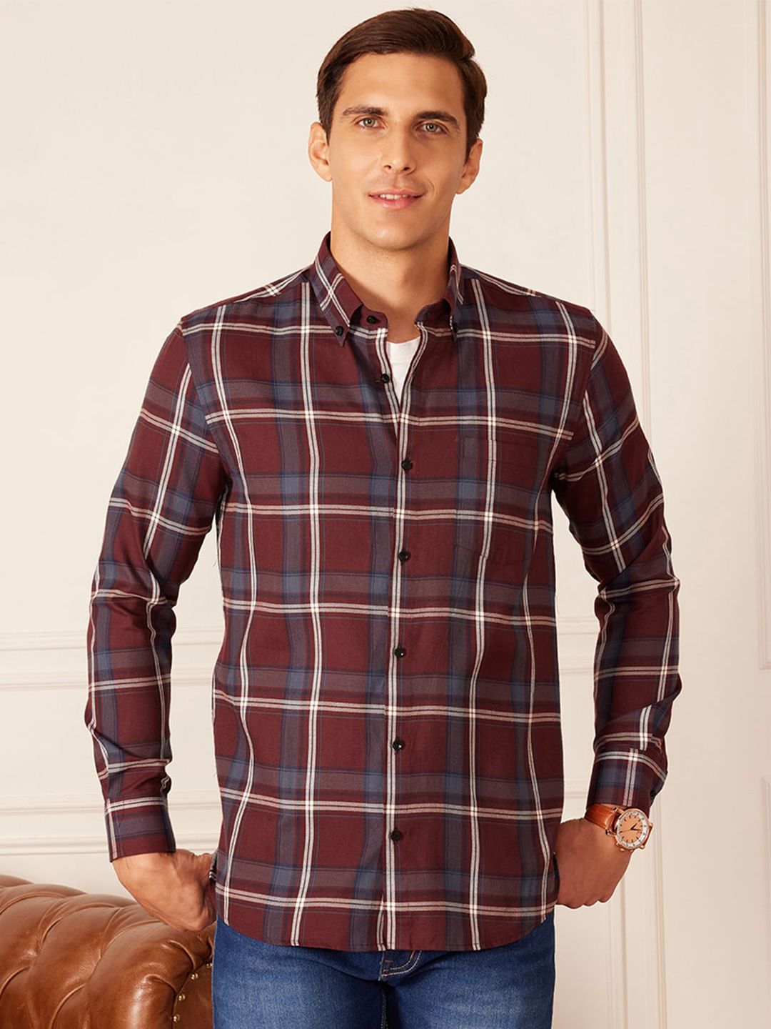 DENNISON Smart Tartan Checks Checked Button-Down Collar Casual Shirt