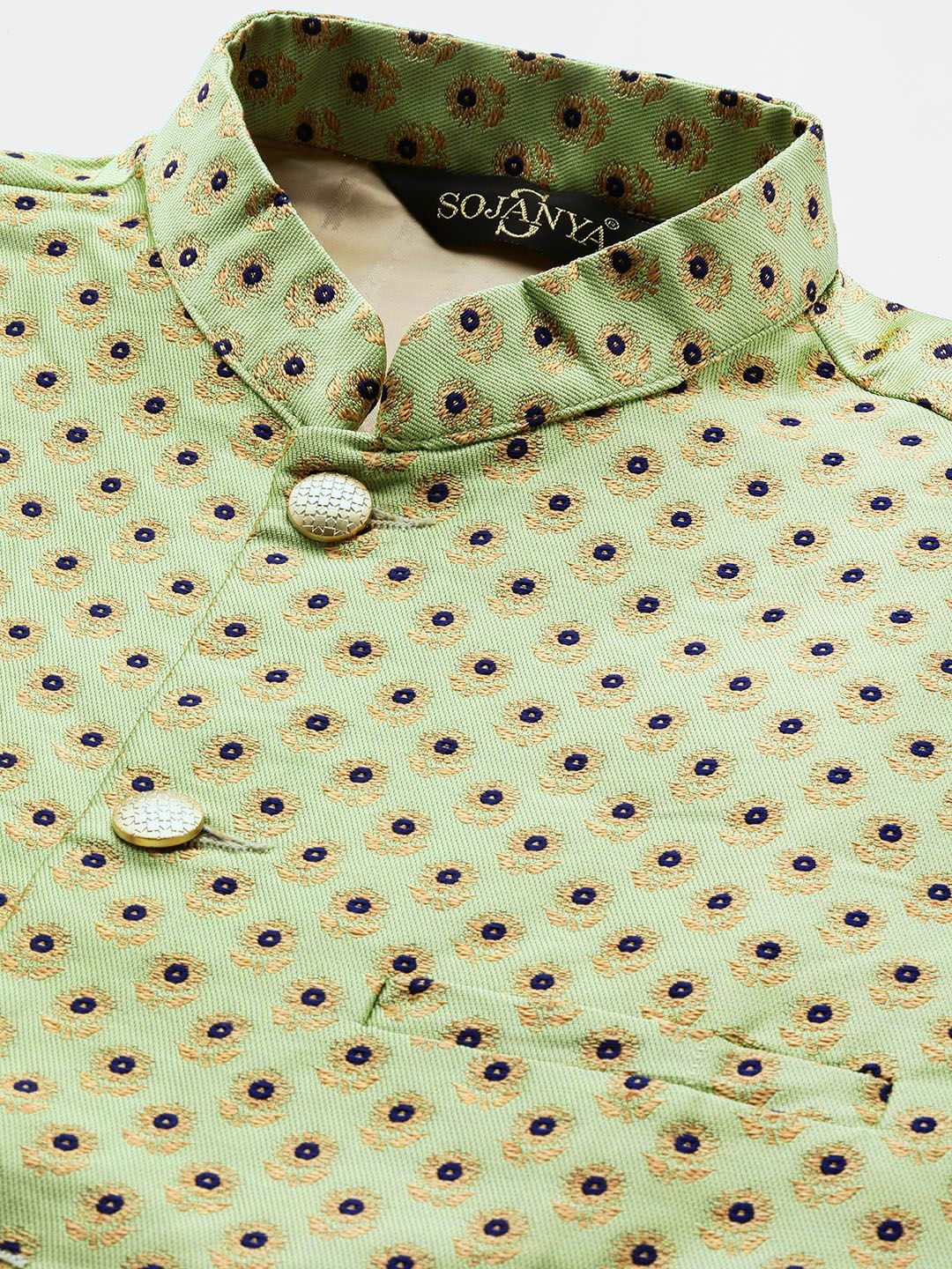 SOJANYA Lelaki Mustard Yellow & Beige Thread Work Straight Kurta Churidar & Jaket Nehru