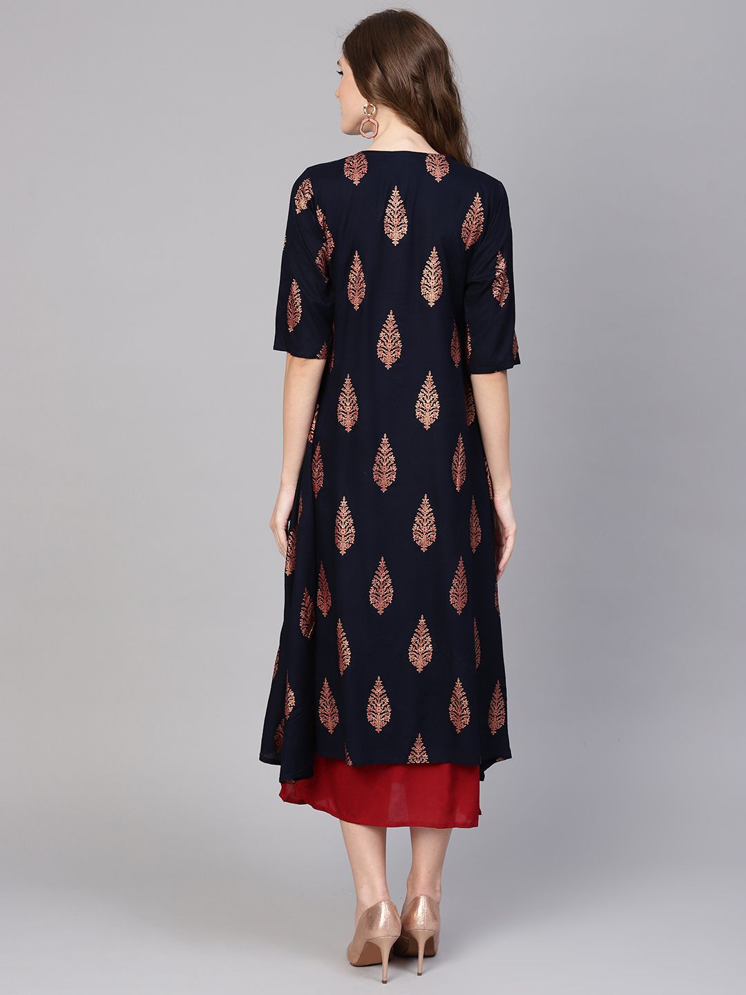 Gerua By Libas Women Maroon  Navy Blue Block Print Layered A-Line Dress