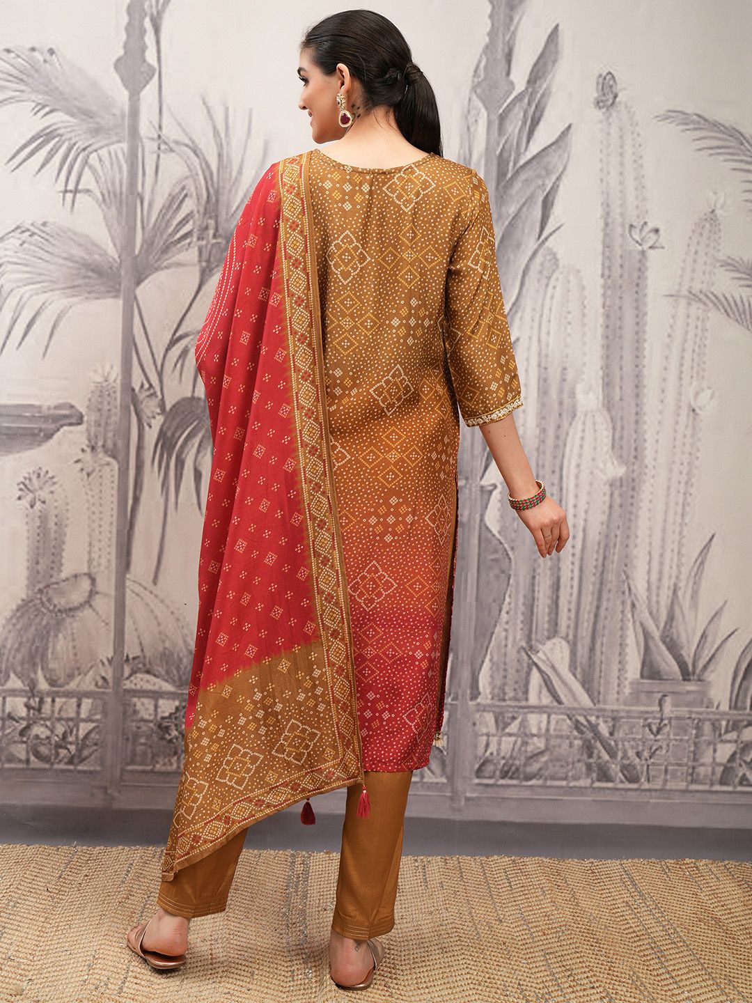 Vishudh Brown Ethnic Motifs Regular Thread Work Straight Kurta With Trousers & Dupatta