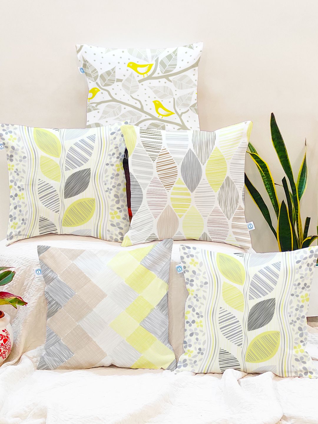 STITCHNEST Yellow & White Set of 5 Floral Square Cushion Covers