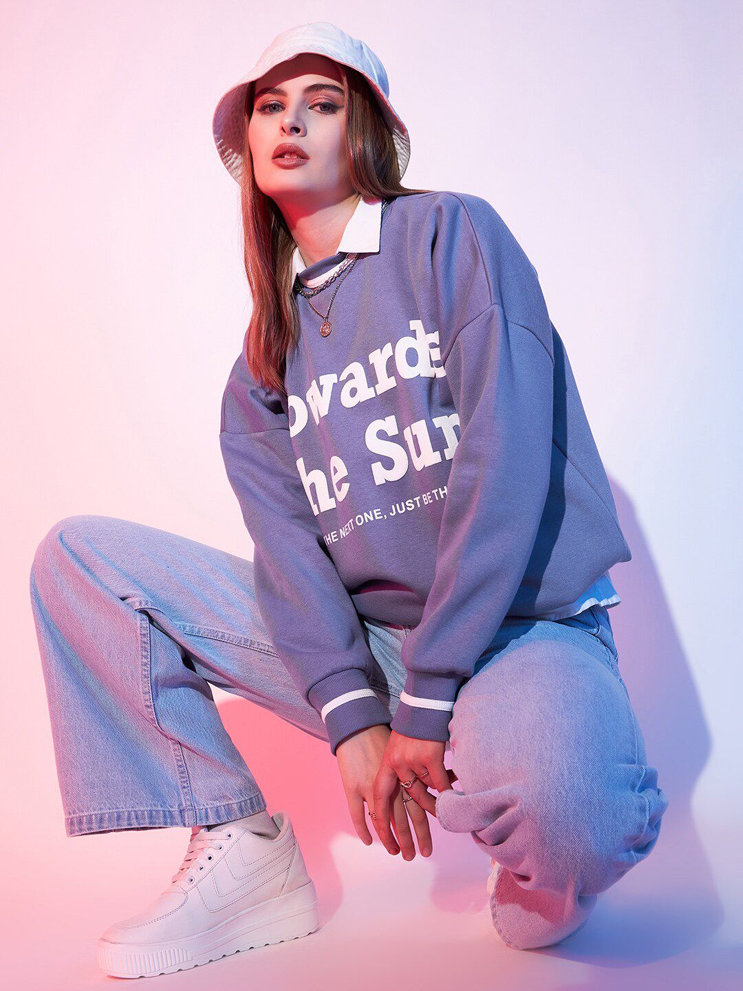 STREET 9 Lavender Typography Printed Drop Shoulder Pullover Fleece Sweatshirt