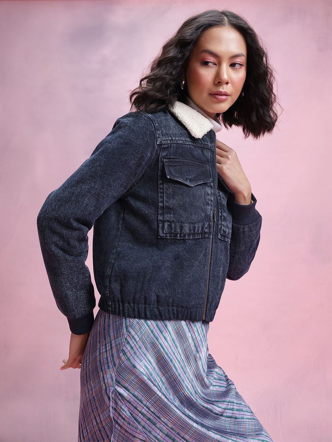 DressBerry Women Sherpa Trim Pure Cotton Denim Jacket