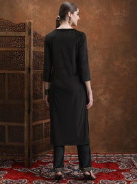 Vishudh Black Floral Embroidered Thread Work Straight Kurta