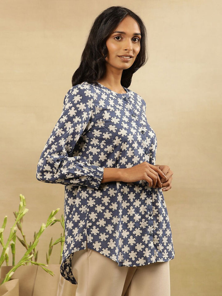 Folk Song  Floral Printed Round Neck Cuffed Sleeves Cotton Top