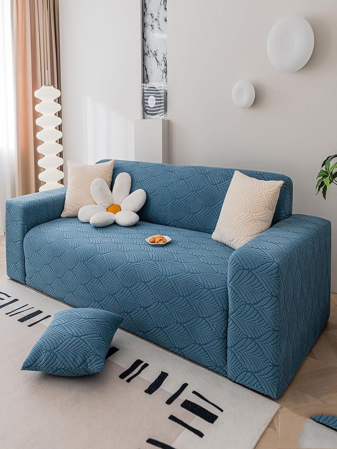 HOUSE OF QUIRK Blue Jacquard Leaf Textured Stretchable 3 seater Sofa cover