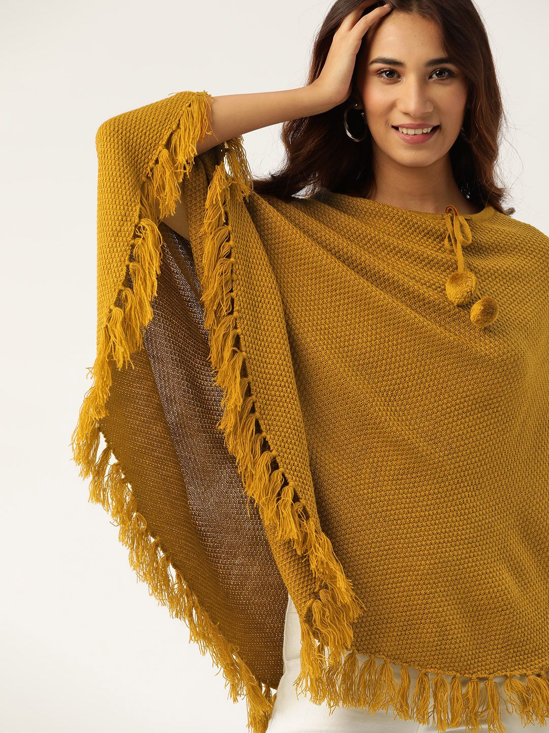 DressBerry Women Mustard Brown Self Design Poncho