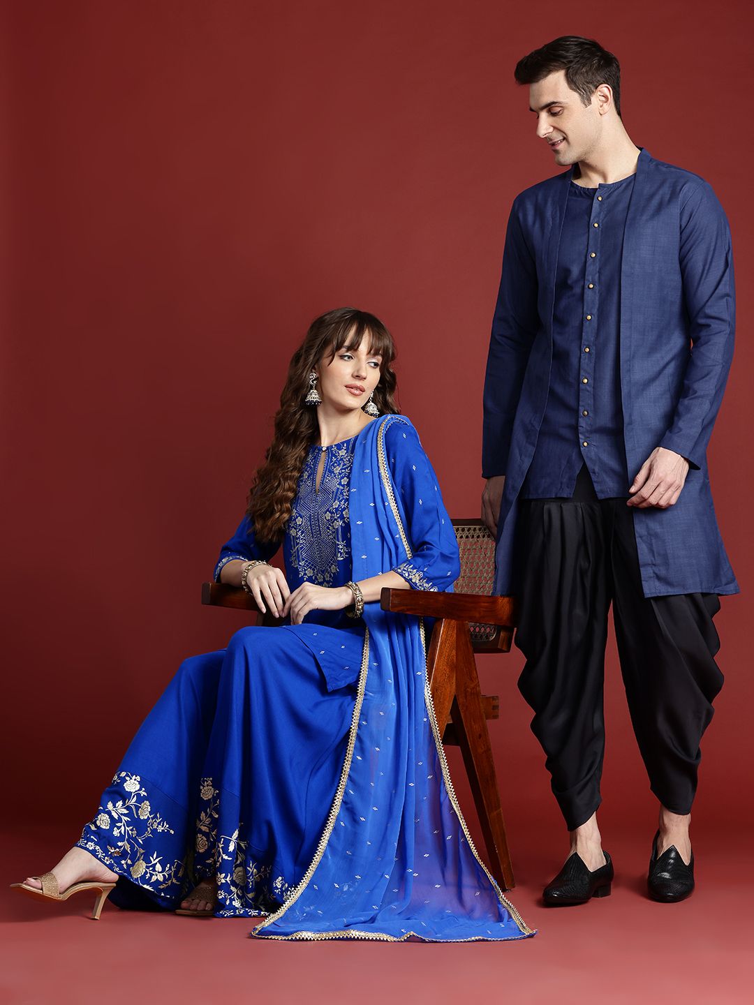 Anouk Men Navy & Black Solid Layered Kurta with Dhoti Pants