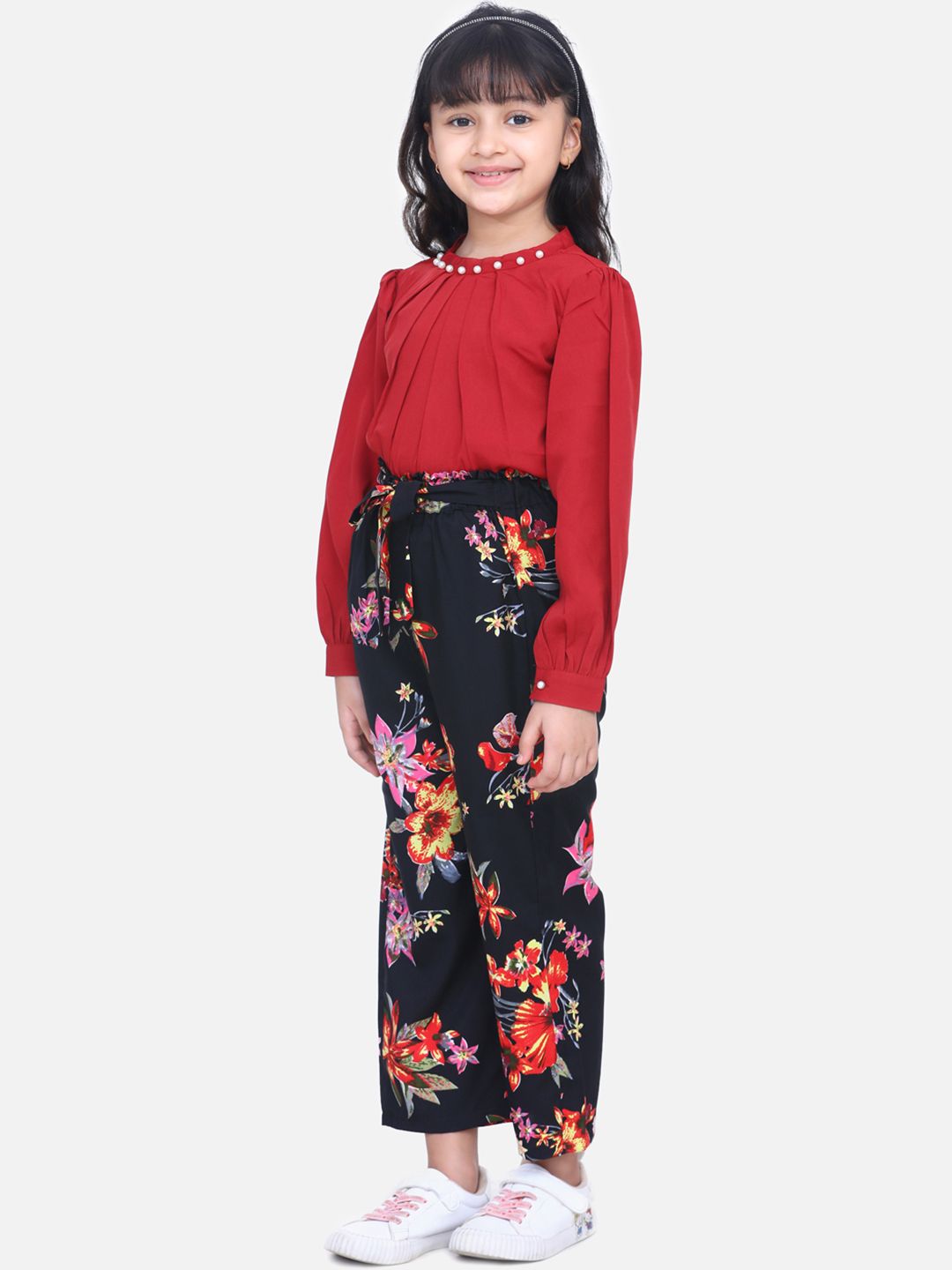 Cutiekins Girls Maroon & Black Floral Printed Bishop Sleeves Top with Palazzos Co-Ords set