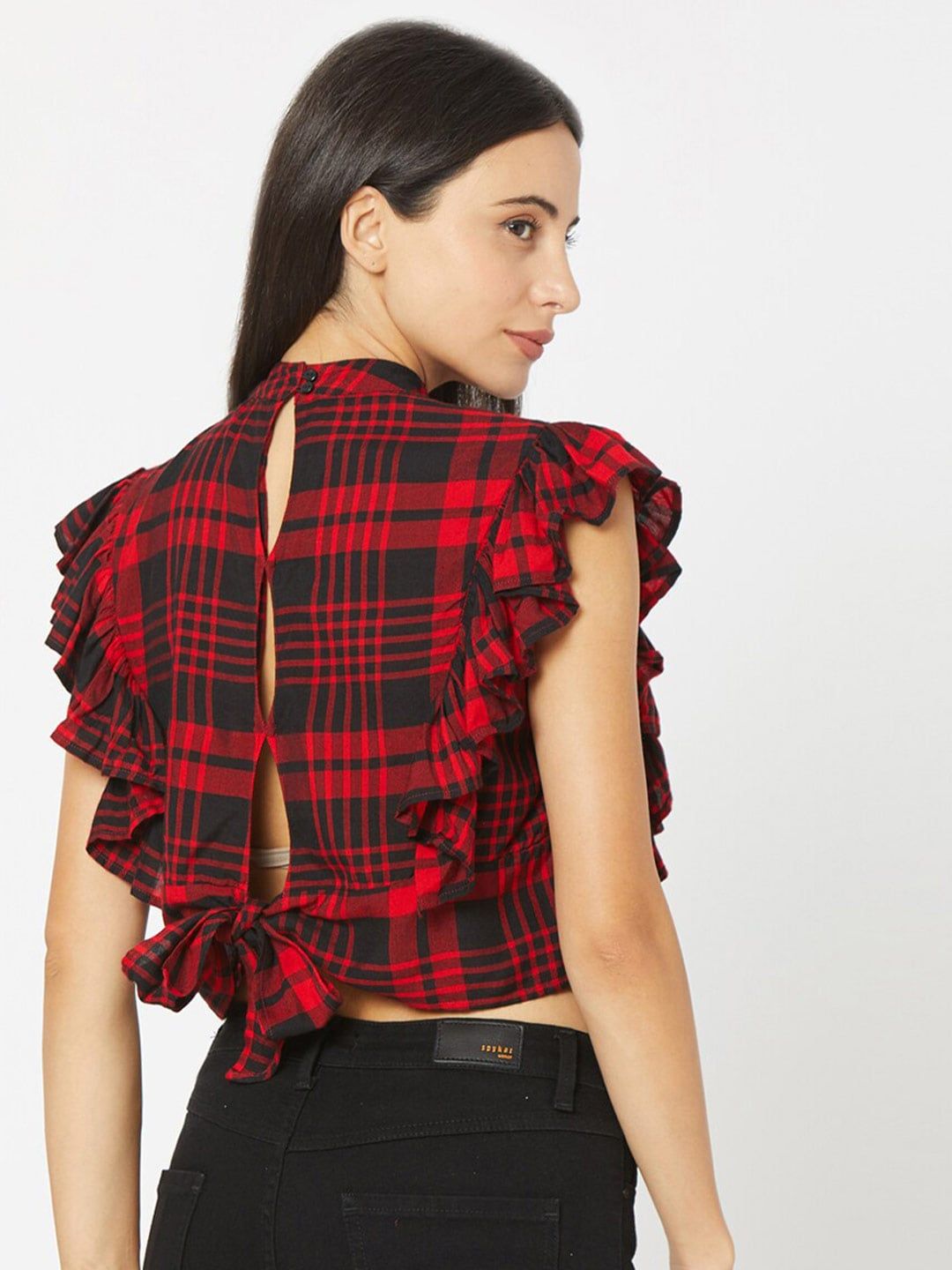 SPYKAR Red Checked Styled Back Crop Top