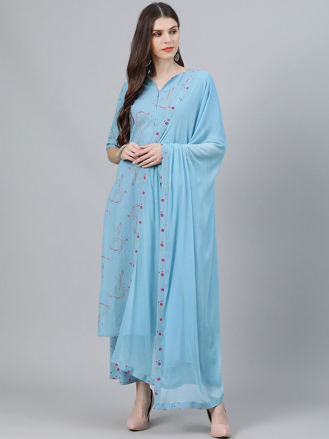 Libas Women Blue Printed Kurta with Palazzos & With Dupatta