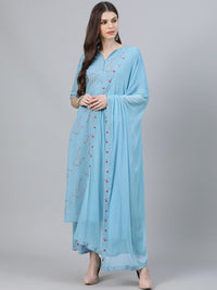Libas Women Blue Printed Kurta with Palazzos & With Dupatta