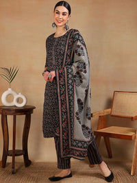 KALINI Floral Printed Regular Thread Work Kurta With Trousers & Dupatta