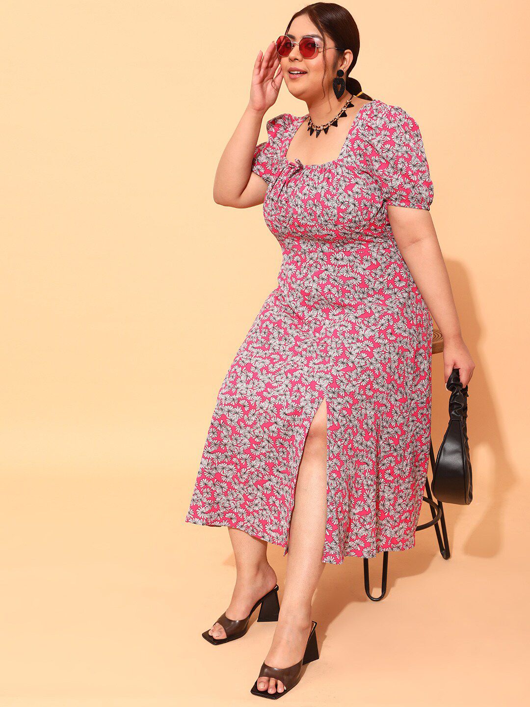 CURVY STREET Plus Size Fuchsia & White Floral printed Square Neck A-Line Dress