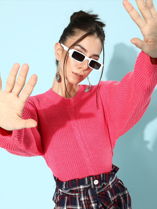 STREET 9 Women Fuchsia Self-Design Pullover Sweater