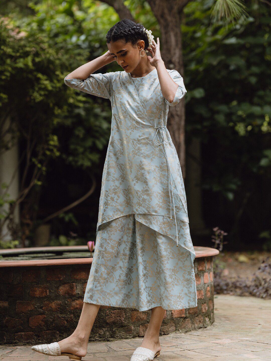 W Women Blue & Gold-Toned Printed Basic Layered Jumpsuit