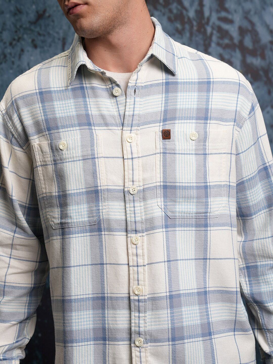 Locomotive Men White Dobby Textured Checked Utility Pocket Overshirt