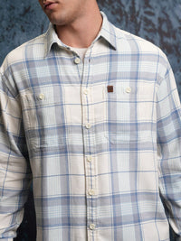 Locomotive Men White Dobby Textured Checked Utility Pocket Overshirt