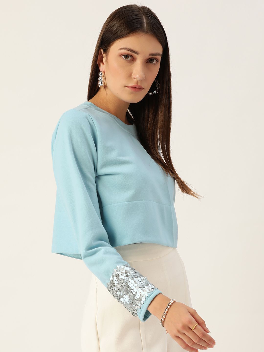 Antheaa Women Turquoise Blue Sweatshirt