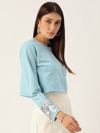 Antheaa Women Turquoise Blue Sweatshirt