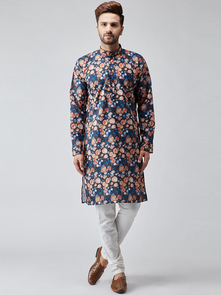 SOJANYA Kurta Lurus Bercetak Biru & Jingga Lelaki