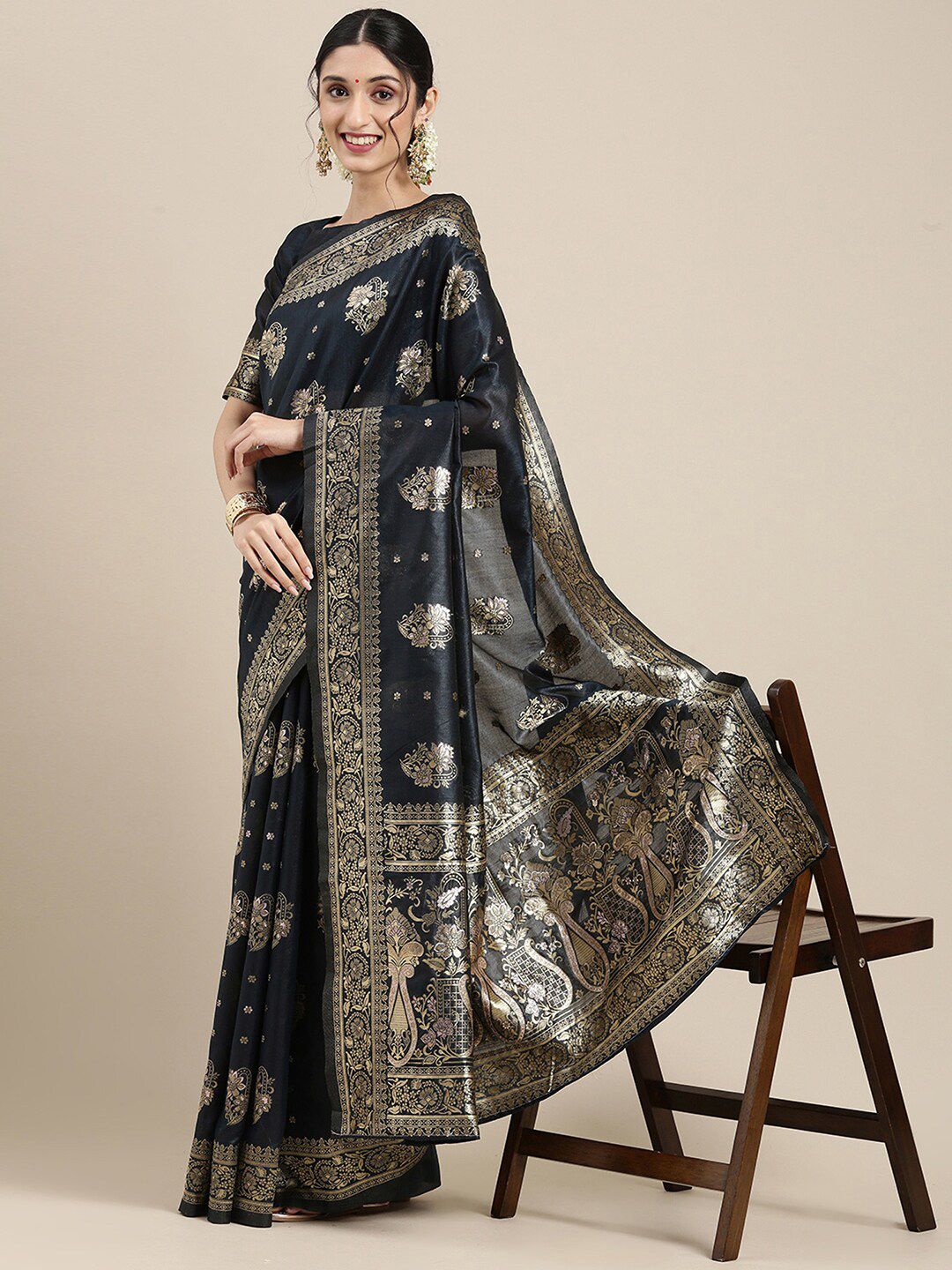 Saree mall Ethnic Motifs Woven Design Zari Baluchari Sarees