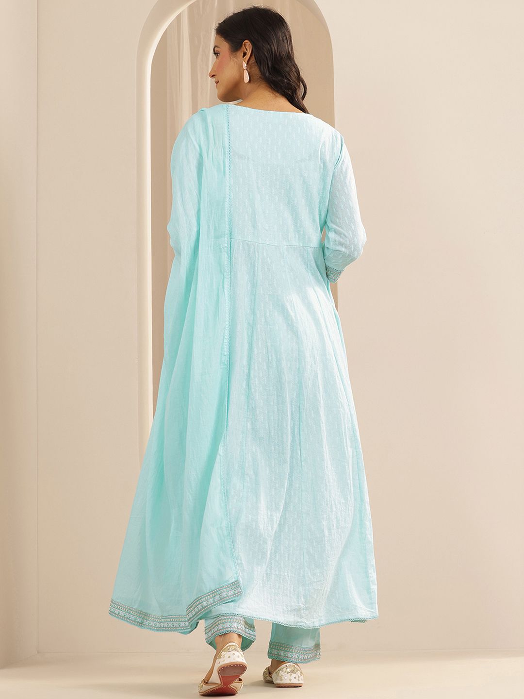 Libas Floral Embroidered Anarkali Thread Work Pure Cotton Kurta with Trousers & Dupatta