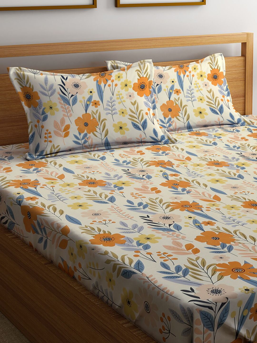 KLOTTHE Floral 300 TC Cotton Blend Fitted Double Super King Bedsheet with 2 Pillow covers