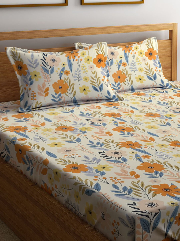 KLOTTHE Floral 300 TC Cotton Blend Fitted Double Super King Bedsheet with 2 Pillow covers