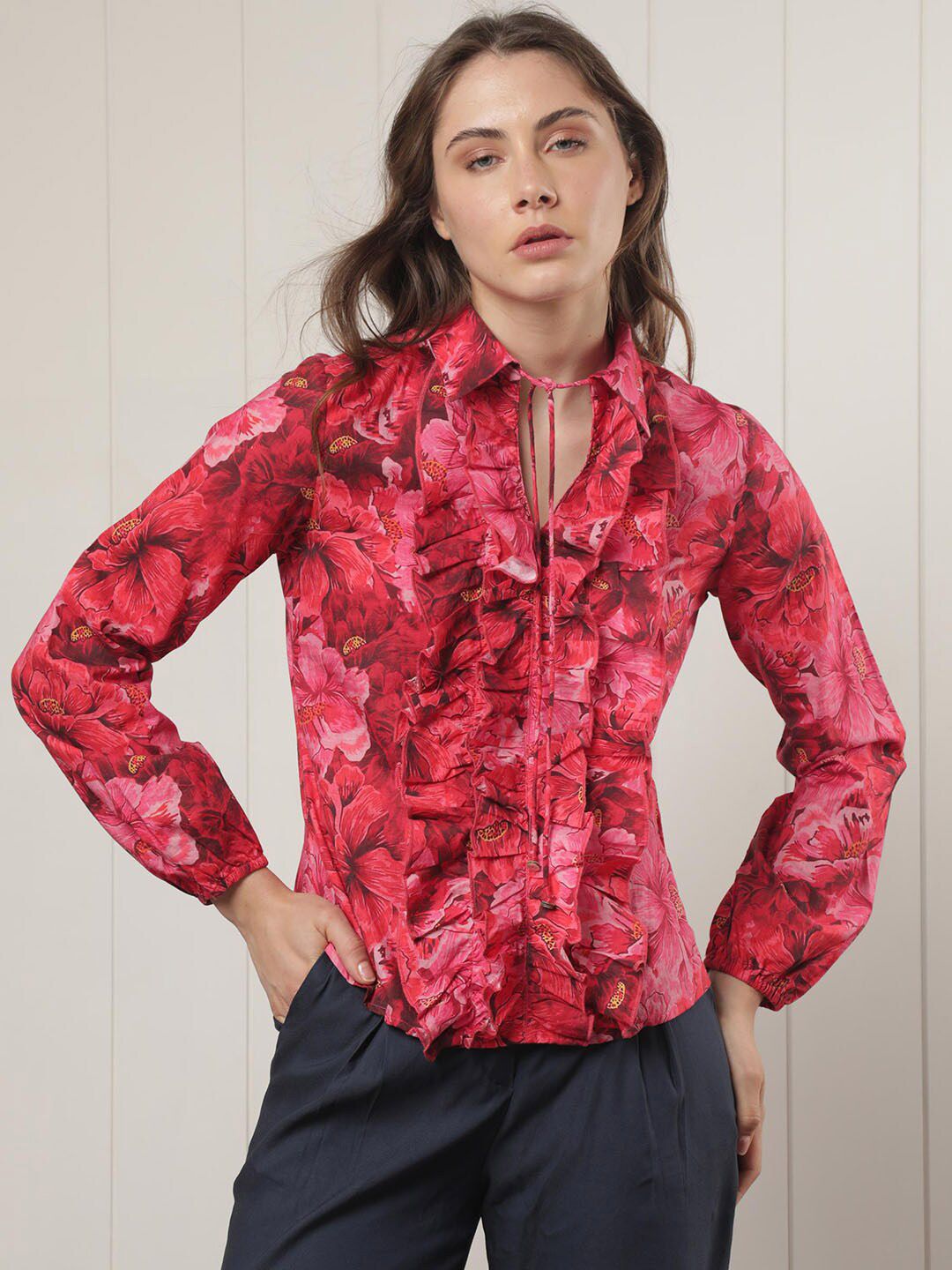RAREISM Floral Printed Ruffled Cuff Sleeves Tie-Up Neck Cotton Top