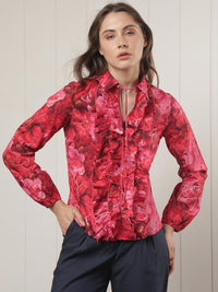 RAREISM Floral Printed Ruffled Cuff Sleeves Tie-Up Neck Cotton Top