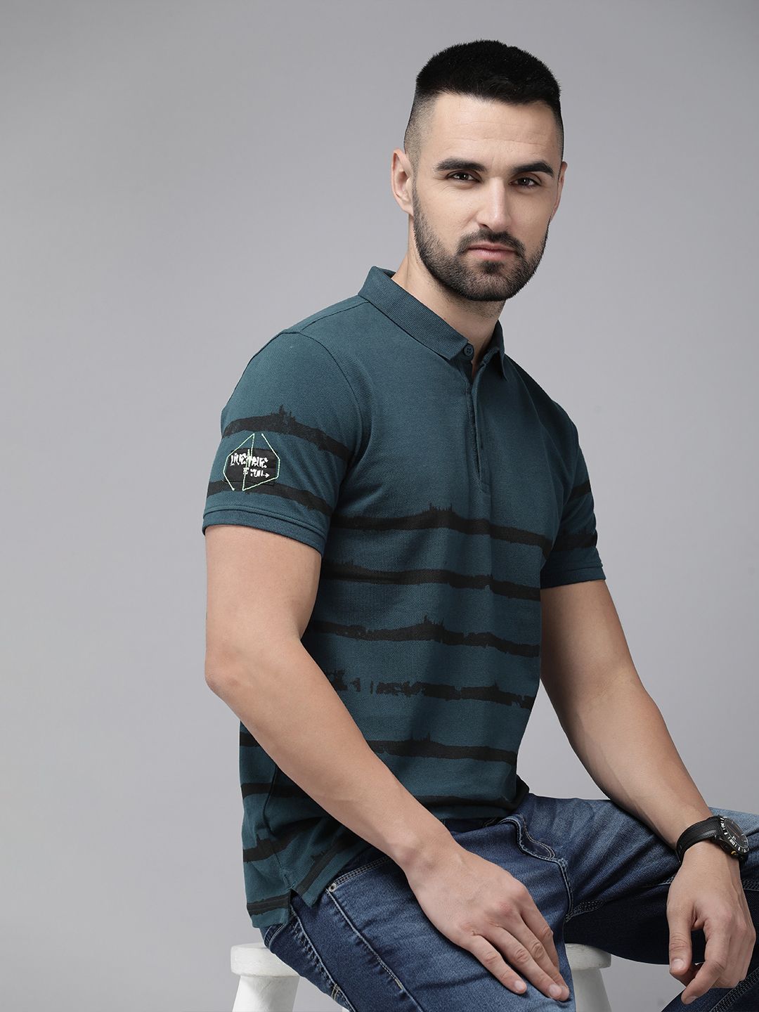 SPYKAR Pure Cotton Striped Polo Collar Slim Fit T-shirt
