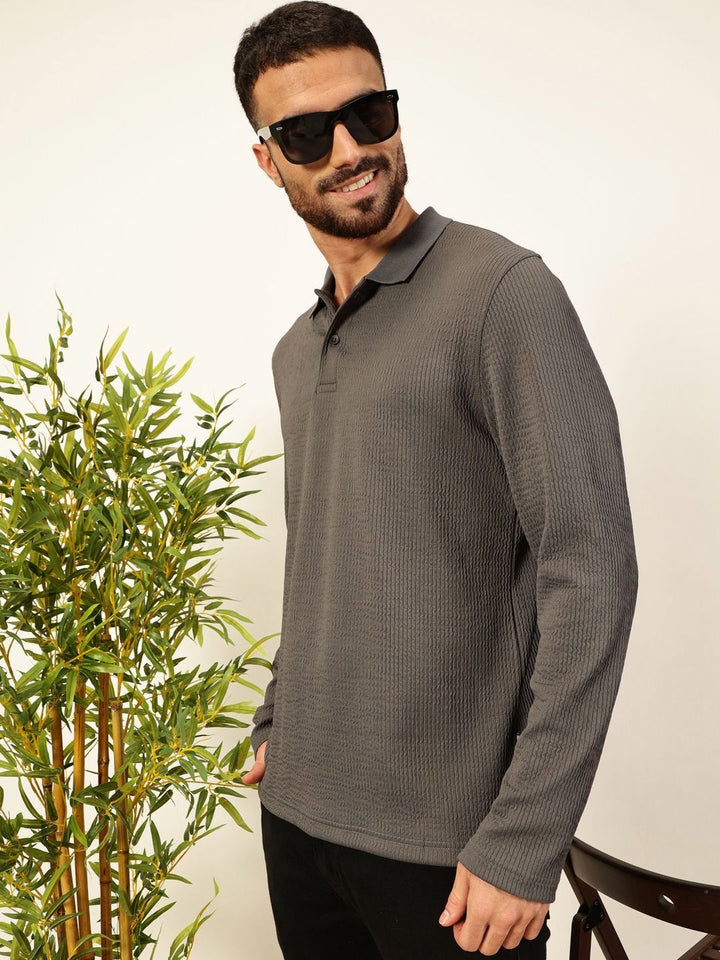 Thomas Scott Men Smart Self Design Polo Full Sleeves T-shirt